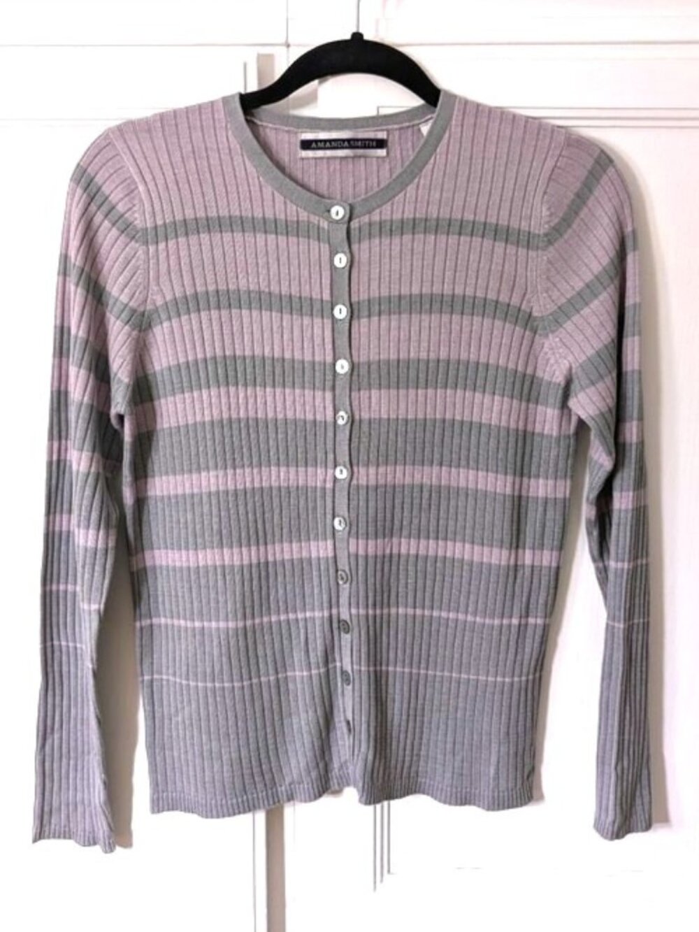 Amanda Smith 100% Silk Gray and Lavender Striped Ribbed Button Cardigan S
